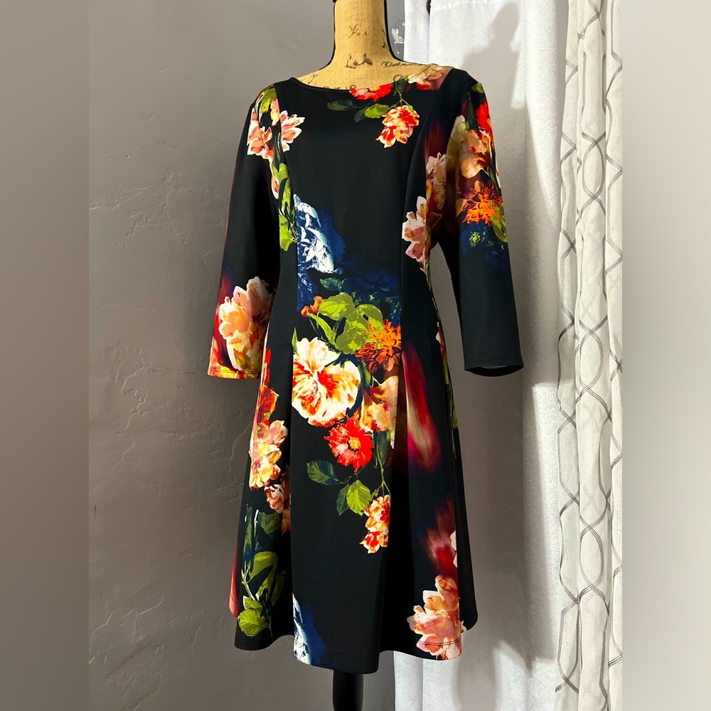 SLNY SL FASHIONS NEW YORK Navy Blue Floral Print A-line Dress Size 18